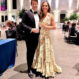 Mac Douggal yellow floral print gown, size 4